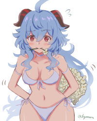 Rule 34 | 1girl, :&gt;, ahoge, arms behind back, bikini, blue hair, blush, bouquet, breasts, commentary request, flower, flower in mouth, front-tie bikini top, front-tie top, ganyu (genshin impact), genshin impact, goat horns, holding, holding bouquet, horns, long hair, medium breasts, nanamo yado, nervous, red eyes, signature, simple background, solo, swimsuit, upper body, wavy hair, white background, white bikini, white flower