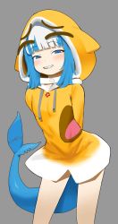 Rule 34 | 1girl, alternate costume, arms behind back, blue eyes, blue hair, blunt bangs, blush, commentary, contrapposto, cowboy shot, crying emoji, emoji, english commentary, fins, fish tail, flat chest, gawr gura, grey background, grin, highres, hololive, hololive english, hood, hoodie, meme, meme attire, multicolored hair, narrowed eyes, shark tail, sharp teeth, sidelocks, simple background, smile, smug, solo, tail, teeth, two-tone hair, uohhhhhhhhh! (meme), virtual youtuber, white hair, wllmagic