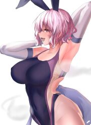 Rule 34 | 1girl, :d, animal ears, armpits, black one-piece swimsuit, breasts, commentary request, competition swimsuit, covered navel, cowboy shot, elbow gloves, enmimontoria, gloves, highres, large breasts, looking at viewer, one-piece swimsuit, open mouth, pink eyes, pink hair, rabbit ears, saigyouji yuyuko, short hair, simple background, smile, swimsuit, touhou, white background, white gloves