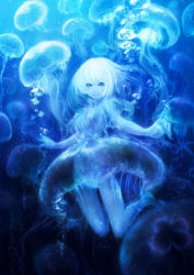 Rule 34 | 1girl, air bubble, akitani kou, blue theme, bubble, highres, jellyfish, jellyfish girl, looking at viewer, monster girl, original, personification, smile, underwater