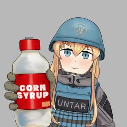 Rule 34 | 1girl, blonde hair, blue eyes, bottle, brown gloves, closed mouth, commentary, english commentary, english text, escape from tarkov, giving, gloves, gobyl, grey background, grey jacket, helmet, highres, holding, jacket, load bearing vest, long sleeves, looking at viewer, military, military uniform, sidelocks, simple background, smile, solo, sugar (food), twitter username, uniform, united nations, upper body, virtual youtuber
