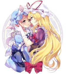 Rule 34 | 2girls, absurdres, blonde hair, blue bow, blue hat, blue kimono, bow, choker, closed mouth, commentary request, dress, eye contact, gloves, hair bow, hand on another&#039;s shoulder, hat, hat ribbon, highres, japanese clothes, kimono, long hair, looking at another, mob cap, multiple girls, pink eyes, pink hair, puffy short sleeves, puffy sleeves, purple dress, red bow, red choker, red eyes, red ribbon, ribbon, ribbon trim, saigyouji yuyuko, sheska xue, short sleeves, simple background, sparkle, touhou, triangular headpiece, upper body, very long hair, white background, white gloves, white hat, yakumo yukari, yuri