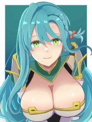 Rule 34 | 1girl, absurdres, blue hair, breasts, chloe (fire emblem), cleavage, female focus, fire emblem, fire emblem engage, green eyes, highres, large breasts, long hair, looking at viewer, nintendo, revealing clothes, smile, upper body, very long hair