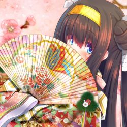 Rule 34 | 1girl, blue eyes, blush, brown hair, commentary request, covered mouth, double bun, floral print, flower, folding fan, hair between eyes, hair bun, hand fan, hinamatsuri, holding, holding fan, japanese clothes, kimono, layered clothes, layered kimono, long hair, long sleeves, looking at viewer, peach blossom, pink background, pink flower, print kimono, rinne (sennen sensou aigis), sennen sensou aigis, sideways glance, sleeves past fingers, sleeves past wrists, solo, wide sleeves, yomerinne