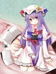 Rule 34 | 1girl, bad id, bad pixiv id, blush, book, bookmark, bow, crescent, female focus, hair bow, hat, highres, lace, long hair, patchouli knowledge, purple eyes, purple hair, shromann, solo, star (symbol), touhou