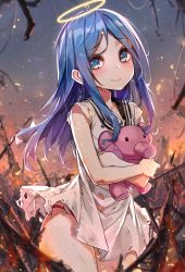 Rule 34 | 1girl, black sailor collar, blue eyes, blue hair, bruise, dress, fire, halo, highres, injury, looking at viewer, hugging object, original, panties, red panties, ruins, sailor collar, scratches, short dress, solo, stuffed elephant, torn clothes, torn dress, underwear, wet.elephant, white dress