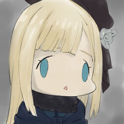 Rule 34 | 1girl, asymmetrical bangs, black headwear, blonde hair, blue capelet, blue jacket, blunt bangs, capelet, face of the people who sank all their money into the fx (meme), fate (series), flower, fur collar, gradient background, green eyes, grey background, grey flower, hair flower, hair ornament, jacket, long hair, lord el-melloi ii case files, meme, nomanota, open mouth, reines el-melloi archisorte, solo