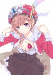 Rule 34 | 1girl, absurdres, atelier (series), atelier rorona, blue eyes, breasts, brown hair, cleavage, female focus, frills, hat, highres, jewelry, kishida mel, long sleeves, necklace, official art, parted lips, rororina fryxell, short hair, short hair with long locks, sketch, skirt, solo, white background