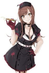 Rule 34 | 1girl, :p, alternate color, belt, black bra, black dress, blood, blood on clothes, bra, breasts, brown eyes, brown hair, choker, cleavage, collarbone, dress, duffy, frilled dress, frills, gloves, halloween, halloween costume, hand on own hip, hat, head tilt, highres, holding, idolmaster, idolmaster shiny colors, leaning forward, long hair, medium breasts, nurse cap, osaki amana, red gloves, short dress, short sleeves, smile, solo, standing, swept bangs, tongue, tongue out, underwear