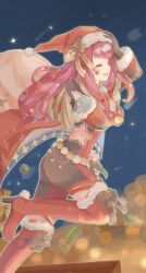 Rule 34 | 1girl, absurdres, black gloves, breasts, cleavage, closed eyes, clothing cutout, commentary request, fire emblem, fire emblem engage, fire emblem heroes, fur-trimmed headwear, fur-trimmed sleeves, fur trim, gloves, hair ornament, hat, highres, holding, holding sack, large breasts, long hair, long sleeves, netugen33, nintendo, official alternate costume, open mouth, profile, red hair, red hat, sack, santa hat, smile, solo, star (symbol), star hair ornament, yunaka (fire emblem), yunaka (fire emblem) (spirited envoy)