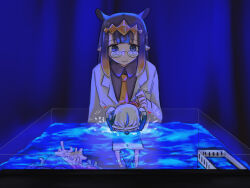 Rule 34 | 2girls, ahoge, aoi (aoisaka), aquarium, blue hair, blunt bangs, coke-bottle glasses, commentary, diamond hairband, english commentary, gawr gura, glasses, heart, hololive, hololive english, indoors, lab coat, looking at another, mini person, minigirl, multicolored hair, multiple girls, necktie, ninomae ina&#039;nis, orange necktie, pointy ears, two-tone hair, virtual youtuber, water, white hair, wing collar