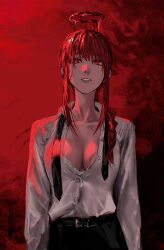 Rule 34 | 1girl, abstract background, belt, blood, blood halo, braid, breasts, chainsaw man, cleavage, collared shirt, halo, highres, large breasts, liquid halo, makima (chainsaw man), necktie, parted lips, partially unbuttoned, raberu ruru, red background, red eyes, red hair, shirt, sidelocks, solo, unbuttoned, unbuttoned shirt, undone necktie, upper body