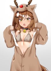 Rule 34 | 1girl, absurdres, animal costume, bell, bikini, bikini under clothes, black collar, breasts, brown bikini, brown hair, christmas, collar, commentary request, fang, fur bikini, gradient background, grey background, hair ornament, hairclip, halterneck, highres, hood, hood up, horse girl, horse tail, jungle pocket (umamusume), long sleeves, looking at viewer, medium hair, navel, neck bell, open mouth, partially unbuttoned, reindeer costume, ryochapu, small breasts, solo, standing, swimsuit, tail, umamusume, yellow eyes
