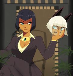 Rule 34 | 2girls, black hair, blue eyes, bob cut, breasts, business suit, cat girl, cleavage, clenched teeth, dark-skinned female, dark skin, disembodied head, eliza (skullgirls), firemauer, formal, highres, holding, jewelry, crossed legs, looking at another, ms. fortune (skullgirls), multiple girls, necklace, short hair, sitting, skullgirls, smile, suit, teeth, white hair