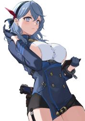 Rule 34 | 1girl, ako (blue archive), bell, black skirt, blue archive, blue dress, blue eyes, blue hair, blue hairband, blush, breasts, buttons, clipboard, deca purio, double-breasted, dress, garter straps, gloves, gun, hair between eyes, hair ribbon, hairband, half gloves, holding, holding clipboard, holster, large breasts, long hair, long sleeves, looking at viewer, miniskirt, neck bell, ribbon, short dress, sideboob, simple background, skirt, solo, thighs, underbust, weapon, white background