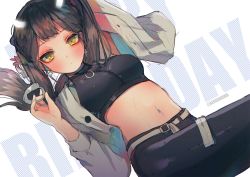 Rule 34 | 1girl, arm up, armpits, bad id, bad twitter id, belt, black pants, black shirt, blush, breasts, brown hair, buttons, closed mouth, commentary request, crop top, cross, cross earrings, cuffs, earrings, glowing, glowing horns, grey jacket, hanato (seonoaiko), hand up, handcuffs, holding, holding handcuffs, horns, jacket, jewelry, korean commentary, long hair, long sleeves, looking at viewer, medium breasts, midriff, navel, open clothes, open jacket, original, pants, shirt, sketch, sleeveless, sleeveless shirt, solo, stomach, twintails, twitter username, white background, yellow eyes