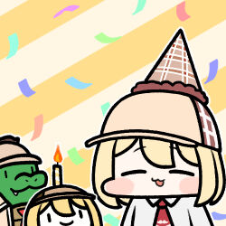 Rule 34 | :3, alligator, animal, blonde hair, blush, bob cut, brown headwear, candle, chibi, closed eyes, collared shirt, commentary, confetti, crocodilian, deerstalker, detective, happy, happy birthday, hat, hololive, hololive english, investigator (amelia watson), jazz jack, lowres, mustache print, necktie, open mouth, party hat, red necktie, shirt, short hair, smol ame, striped, striped background, translated, virtual youtuber, watson amelia, white shirt