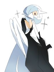 Rule 34 | 1girl, alternate color, bare shoulders, black dress, black gloves, blue hair, bob cut, closed mouth, colored skin, creatures (company), dress, expressionless, female focus, flat chest, game freak, gardevoir, gen 3 pokemon, gloves, hair over one eye, hand up, highres, knees up, legs, legs together, long dress, long legs, looking at viewer, mame (pixiv 57985908), mega gardevoir, mega pokemon, nintendo, one eye covered, orange eyes, pokemon, pokemon (creature), shiny pokemon, short hair, simple background, solo, sparkle, strapless, strapless dress, thighs, white background, white skin