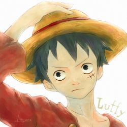 Rule 34 | 1boy, black hair, character name, hand on head, hand on headwear, hat, long sleeves, male focus, monkey d. luffy, one piece, open clothes, open shirt, red shirt, scar, shirt, simple background, solo, straw hat, white background