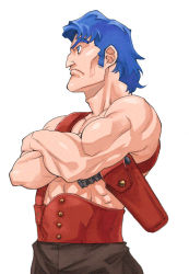 Rule 34 | 1boy, adam&#039;s apple, blue hair, crossed arms, fatman big, holster, looking to the side, male focus, muscular, naked sweater, profile, saitani umetarou, sentou mecha xabungle, shoulder holster, sidelocks, simple background, solo, standing, sweater, thick eyebrows, white background
