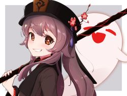 Rule 34 | 1girl, :d, bead bracelet, beads, black hat, black nails, blush, bracelet, brown eyes, brown hair, closed eyes, commentary, fang, flower, flower-shaped pupils, from side, genshin impact, ghost, grin, hand up, hat, highres, holding, holding polearm, holding weapon, hu tao (genshin impact), jewelry, long hair, long sleeves, looking at viewer, nail polish, open mouth, polearm, record42, red flower, revision, smile, symbol-shaped pupils, teeth, weapon