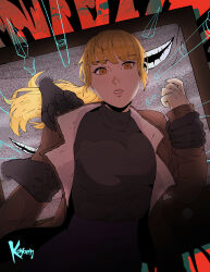 Rule 34 | 1girl, artist name, blonde hair, breasts, fear &amp; hunger, fear &amp; hunger 2: termina, highres, jacket, karin (fear &amp; hunger), koyorin, large breasts, long hair, looking at viewer, open clothes, open jacket, ponytail, solo, through medium, through screen, yellow eyes