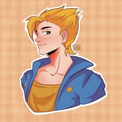 Rule 34 | 1boy, artist name, blonde hair, blue jacket, blush, brown background, green eyes, hair between eyes, highres, jacket, looking at viewer, male focus, sam (stardew valley), shirt, simple background, siropeart, solo, spiked hair, stardew valley, upper body, yellow shirt