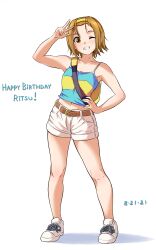 Rule 34 | 1girl, ;d, armpits, bare shoulders, birthday, blue camisole, bob cut, breasts, brown eyes, brown hair, brown shorts, camisole, casual, character name, collarbone, commentary, crop top, dated, english commentary, english text, full body, grin, hair slicked back, hairband, hand on own hip, happy birthday, highres, k-on!, light brown hair, midriff, navel, one eye closed, open mouth, salute, shadow, shoes, short hair, short shorts, shorts, simple background, single horizontal stripe, small breasts, smile, sneakers, solace, solo, spread legs, standing, tainaka ritsu, w, white background, white footwear, white shorts, yellow bag, yellow camisole, yellow hairband
