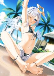 Rule 34 | 1girl, amane kanata, angel, angel wings, anklet, armpits, arms up, asymmetrical hair, barefoot, bikini, black bikini, blue hair, breasts, casino (casinoep), colored inner hair, commentary, commentary request, english commentary, feathered wings, feet, foot focus, foreshortening, full body, gradient wings, hair ornament, hairclip, halo, highres, hololive, jewelry, mixed-language commentary, multicolored hair, multicolored wings, navel, purple eyes, revision, short hair, single hair intake, small breasts, soles, star halo, stomach, streaked hair, swimsuit, toes, virtual youtuber, white wings, wings