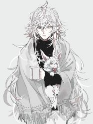 Rule 34 | 1boy, black shirt, closed mouth, creature, cup, ebanoniwa, fate/grand order, fate (series), fou (fate), grey background, highres, holding, holding creature, holding cup, long hair, male focus, merlin (fate), messy hair, mug, shawl, shirt, simple background, smile, solo, white eyes, white hair