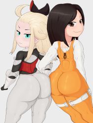 Rule 34 | 2girls, absurdres, aqua eyes, ass, ass-to-ass, ass press, blonde hair, blush, bodysuit, bow, bravely default: flying fairy, bravely default (series), brown eyes, brown hair, come hither, company connection, crossover, edea lee, final fantasy, final fantasy ix, from behind, garnet til alexandros xvii, gloves, hair bow, highres, huge ass, long hair, looking at viewer, looking back, medium hair, multiple girls, naughty face, pantyhose, shiny clothes, skin tight, smile, thick thighs, thighs, trolltoll