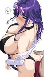 Rule 34 | 1boy, 1girl, alternate costume, anger vein, ass, bare shoulders, bikini, black bikini, black choker, blush, braid, braided ponytail, breasts, bulge, choker, cleavage, commentary, eyewear on head, from behind, genshin impact, hair ornament, hella p, highres, large breasts, long hair, long sleeves, mole, mole under eye, off shoulder, parted lips, purple eyes, purple hair, raiden shogun, simple background, solo focus, sunglasses, swimsuit, symbol-only commentary, white background