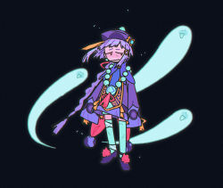 Rule 34 | 1girl, :d, :|, aqua thighhighs, bandaged leg, bandages, bead necklace, beads, black background, braid, child, closed mouth, coin hair ornament, full body, genshin impact, ghost, hair ornament, hat, highres, jacket, jewelry, long hair, long sleeves, looking to the side, necklace, ofuda, open mouth, purple footwear, purple hair, purple jacket, qingdai guanmao, qiqi (genshin impact), red eyes, simple background, sleeves past wrists, smile, smr03, solo, standing, talisman, thighhighs, vision (genshin impact), wide sleeves