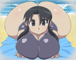 Rule 34 | 1girl, absurdres, ass, azumanga daiou, bare shoulders, beach, black eyes, black hair, blush, breast press, breasts, cleavage, colorized, frown, highres, huge ass, huge breasts, kurosawa minamo, long hair, looking at viewer, lying, on stomach, one-piece swimsuit, redrawn, serious, sky, solo, swimsuit, thanuki, towel