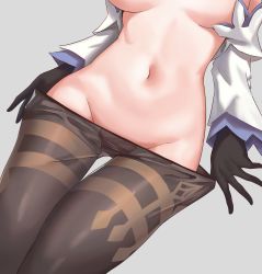 Rule 34 | bad id, bad pixiv id, black gloves, black pantyhose, breasts, clothes pull, commentary, detached sleeves, english commentary, ganyu (genshin impact), genshin impact, gloves, grey background, groin, gusset, highres, long sleeves, medium breasts, navel, out-of-frame censoring, pantyhose, pantyhose pull, pulling own clothes, simple background, skai kun, stomach, thigh gap, topless, underboob