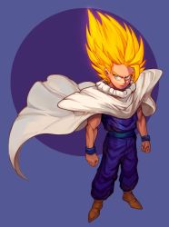 Rule 34 | 1boy, ahoge, ankle boots, aqua eyes, baggy pants, blonde hair, boots, brown footwear, cape, clenched hands, cosplay, dragon ball, dragonball z, forehead, frown, full body, highres, huge ahoge, male focus, muscular, pants, piccolo, piccolo (cosplay), pointy footwear, ron tsfany, sash, shoulder pads, sleeveless, solo, son gohan, spiked hair, super saiyan, super saiyan 2, wristband