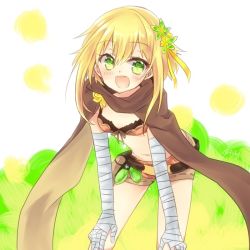 Rule 34 | 1girl, :d, bandaged arm, bandages, belt pouch, bikini, bikini top only, blonde hair, brown scarf, clover hair ornament, flower, flower knight girl, fuyuhi, green eyes, hair flower, hair ornament, heart, heart-shaped pupils, katabami (flower knight girl), leaning forward, looking at viewer, midriff, navel, open mouth, pouch, scarf, short hair, short shorts, shorts, smile, solo, swimsuit, symbol-shaped pupils, twitter username