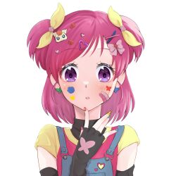 Rule 34 | 1girl, bandaid, bandaid on face, black gloves, casual, coco (yes! precure 5), earrings, elbow gloves, facial mark, finger to own chin, fingerless gloves, gloves, hair ornament, hair ribbon, hairclip, highres, jewelry, mismatched earrings, multicolored nails, overalls, parted lips, pink eyes, pink hair, pink shirt, precure, ribbon, shigen pr, shirt, short hair, short sleeves, simple background, solo, t-shirt, two-tone shirt, two side up, white background, x hair ornament, yellow ribbon, yellow shirt, yes! precure 5, yes! precure 5 gogo!, yumehara nozomi
