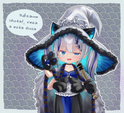 Rule 34 | 1girl, animal ear fluff, animal hands, baseball bat, black choker, black dress, blue background, blue border, blue dress, blue eyes, blue hair, border, braid, cape, choker, cloak, commentary, cosplay, dress, elden ring, extra arms, facial mark, frilled dress, frills, fur-trimmed headwear, fur cape, fur cloak, fur trim, gloves, half-closed eye, hat, hat ornament, hat with ears, heart, heart facial mark, highres, holding, holding baseball bat, index fingers together, jpml, large hat, looking at viewer, multicolored hair, o-ring, o-ring choker, open mouth, outside border, paw gloves, ranni the witch, ranni the witch (cosplay), robe, rurine luna, seigaiha, simple background, solo, spanish commentary, spanish text, star (symbol), star facial mark, streaked hair, translated, two side up, v, virtual youtuber, wactor production, white background, white hair, white hat, witch hat