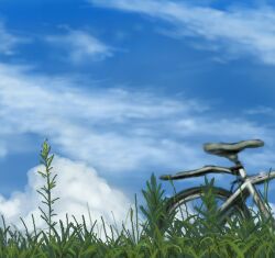 Rule 34 | bicycle, bicycle seat, blue sky, cloud, cumulonimbus cloud, day, drawfag, grass, lowres, no humans, oekaki, original, outdoors, plant, sky