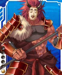 Rule 34 | 1boy, card (medium), colored skin, gradient background, horns, lilith-soft, male focus, mask, oni, oni horns, pointy ears, red hair, red skin, solo, taimanin (series), taimanin asagi battle arena all card gallery, taimanin asagi kessen arena, weapon