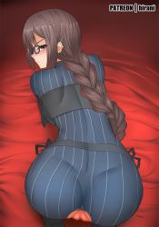 Rule 34 | 1girl, all fours, ass, bed sheet, blush, braid, breasts, brown eyes, brown hair, censored, character cutout, crotch cutout, ear piercing, eyebrows, fate/grand order, fate (series), female focus, from above, from behind, ginhaha, glaring, glasses, half-closed eyes, long braid, long hair, looking at viewer, looking back, mosaic censoring, no panties, on bed, parted lips, piercing, pussy, scowl, single braid, skin tight, solo, torn clothes, very long hair, xiang yu (fate), yu mei-ren (fate)