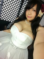 Rule 34 | 1girl, asian, breasts, chouzuki maryou, cleavage, dress, highres, jewelry, large breasts, long hair, necklace, pearl necklace, photo (medium), plump, solo, wedding dress