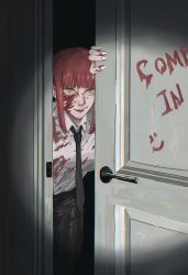 Rule 34 | 1girl, absurdres, artist name, black necktie, black pants, blood, blood on clothes, blood on face, blood on hands, blood writing, chainsaw man, door, doorway, highres, light, makima (chainsaw man), necktie, opening door, pachiccc, pants, pov doorway, red hair, ringed eyes, sinister, smile, smiley face, solo, yellow eyes