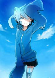 Rule 34 | 1girl, blue eyes, blue hair, cloud, day, ene (kagerou project), headphones, highres, kagerou project, long hair, matching hair/eyes, sakutoko, sky, sleeves past wrists, solo, twintails