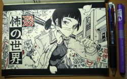 Rule 34 | 1girl, armband, bandana, baseball bat, black hair, breasts, cherry blossoms, clock, covered face, cropped legs, dated, earrings, flying paper, from side, holding, holding baseball bat, holding weapon, jacket, jewelry, kasetsu 03, knight, leaning forward, looking at viewer, marker (medium), medium breasts, miku (world of horror), monochrome, moon, open clothes, open jacket, paper, patio, railing, safety pin, school, shirt, short twintails, sign, signature, single earring, solo, traditional media, twintails, weapon, world of horror