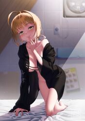 Rule 34 | 1girl, ahoge, bare shoulders, barefoot, blonde hair, blush, braid, breasts, collarbone, fate/extra, fate/grand order, fate (series), french braid, green eyes, hair bun, hair intakes, hair ribbon, highres, kneeling, large breasts, leaning forward, long hair, long sleeves, looking at viewer, nero claudius (fate), nero claudius (fate) (all), nero claudius (fate/extra), off shoulder, open clothes, ribbon, smile, solo, suryua, thighs, white ribbon