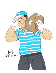 Rule 34 | 1boy, absurdres, bara, belly, blush, box, cardboard box, carrying over shoulder, contrapposto, cropped legs, daisukebear, delivery, employee uniform, facial hair, gloves, head tilt, highres, looking at viewer, male focus, mature male, mustache stubble, original, package, pectorals, polo shirt, short hair, sideburns, smile, solo, stubble, thick eyebrows, uniform
