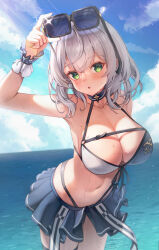 Rule 34 | 1girl, 29hyeon, :o, absurdres, armpits, bikini, blush, breasts, chest strap, cleavage, eyewear on head, unworn eyewear, front-tie bikini top, front-tie top, green eyes, grey hair, highres, holding, holding removed eyewear, hololive, large breasts, looking at viewer, medium hair, mole, mole on breast, navel, outdoors, removing eyewear, shirogane noel, shirogane noel (summer 2020), skirt, sky, solo, swimsuit, thigh strap, virtual youtuber, wavy hair, wet