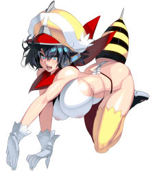 Rule 34 | 1girl, absurdres, ass, black hair, blue eyes, bodypaint, breasts, fangs, gloves, hat, headphones, highres, huge breasts, kouno (masao), medium hair, nipples, open mouth, original, pasties, solo, thighhighs, white gloves, yellow thighhighs